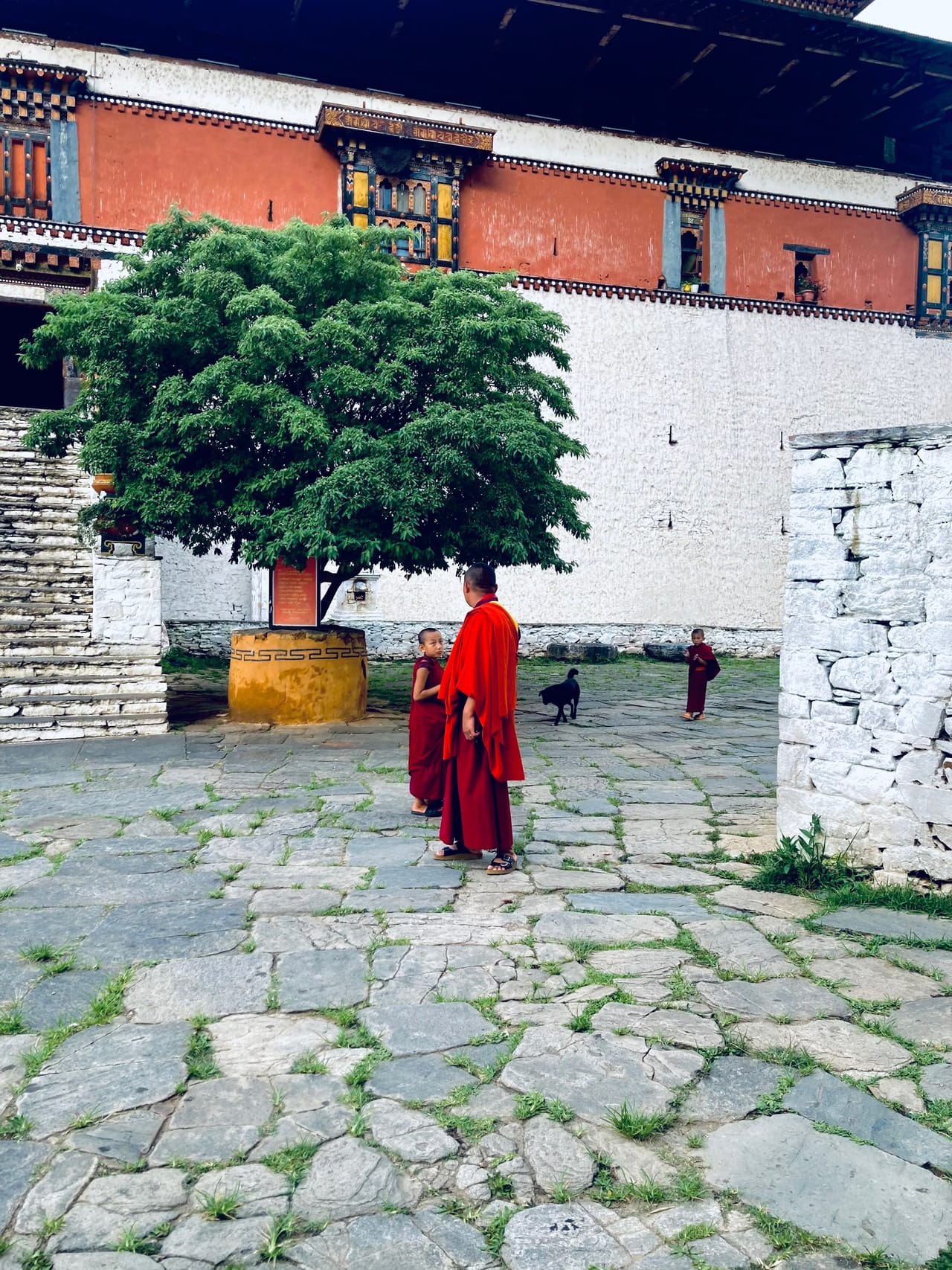 Monks in conversation in a temple courtyard, Bhutan