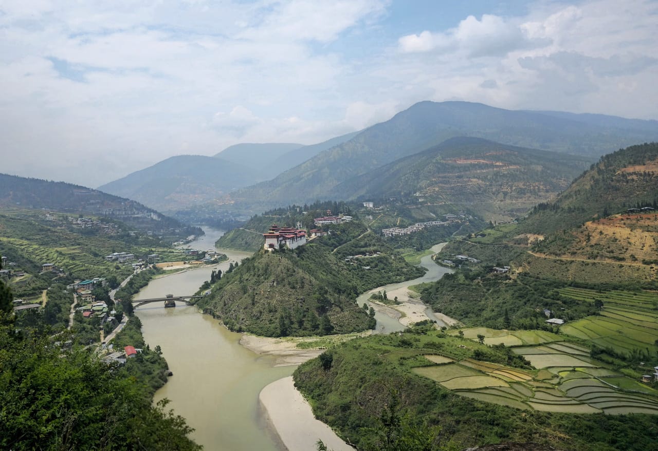 The Mo Chhu river winding through the Punakha valley