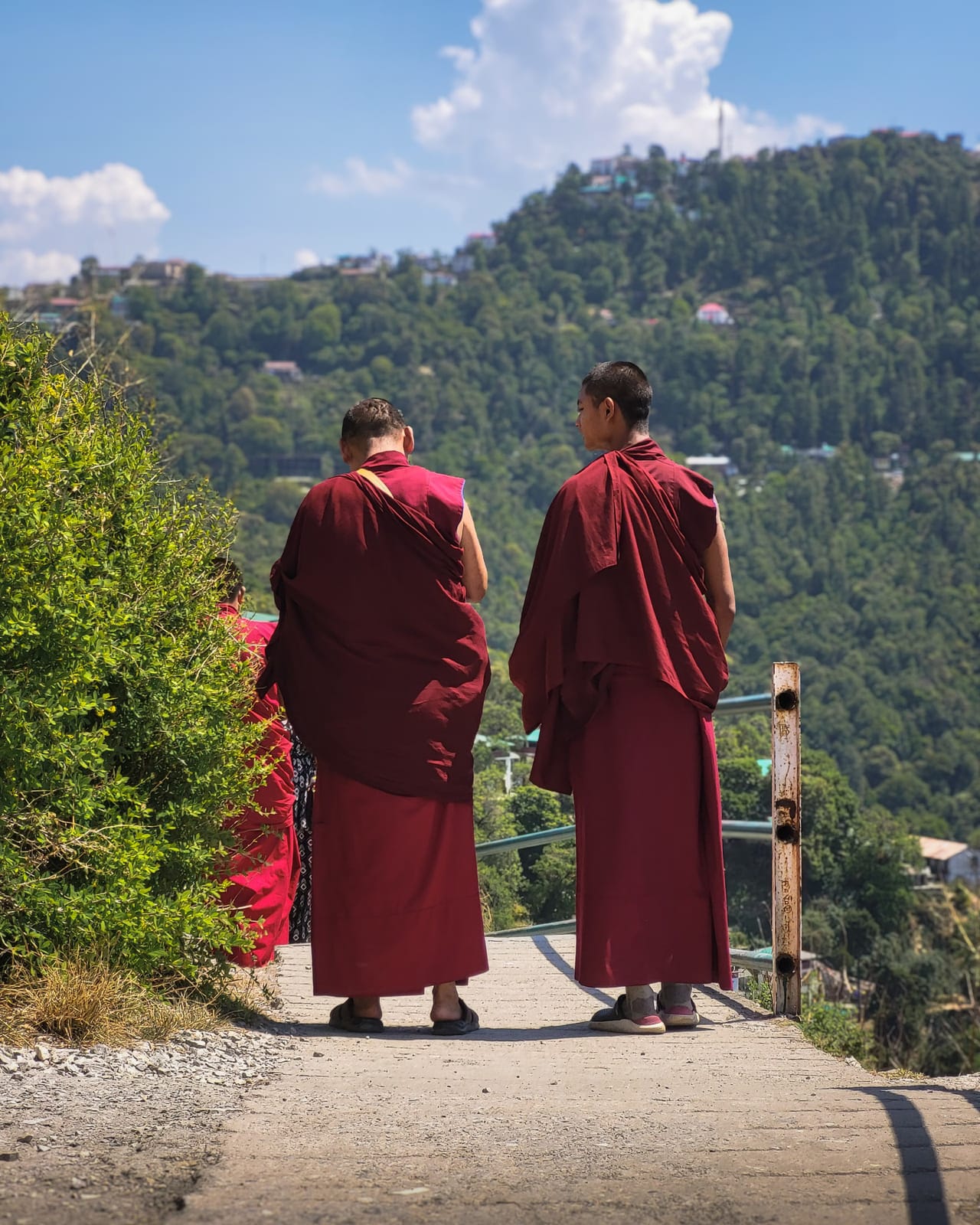 Buddhist monks walking a mountain path