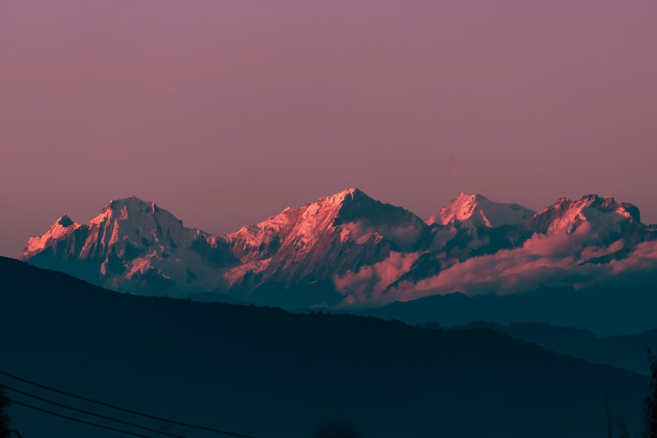 Dusk colour on Kanchenjunga from the Darjeeling hills