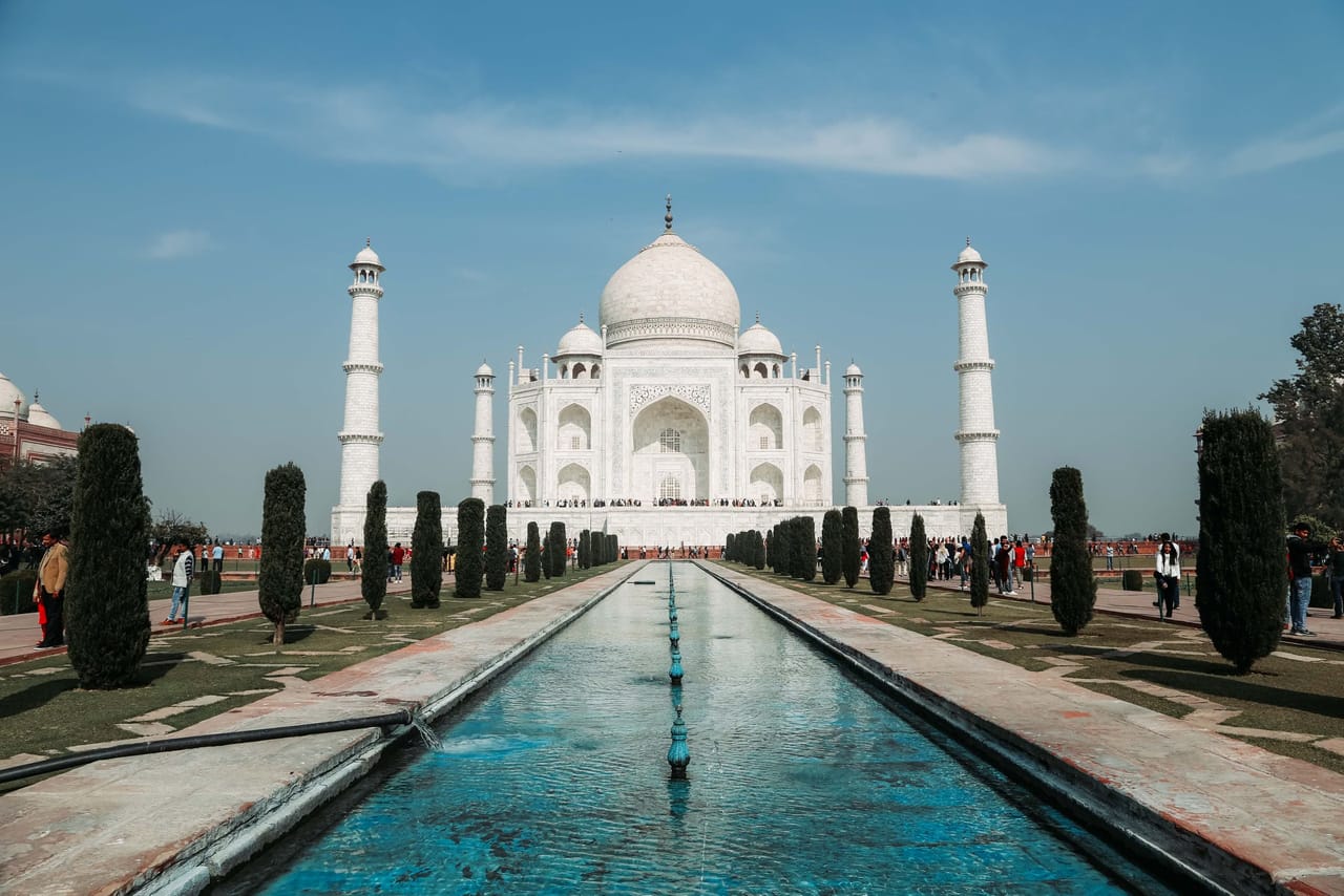 The Taj Mahal and its reflecting pool in Agra, India
