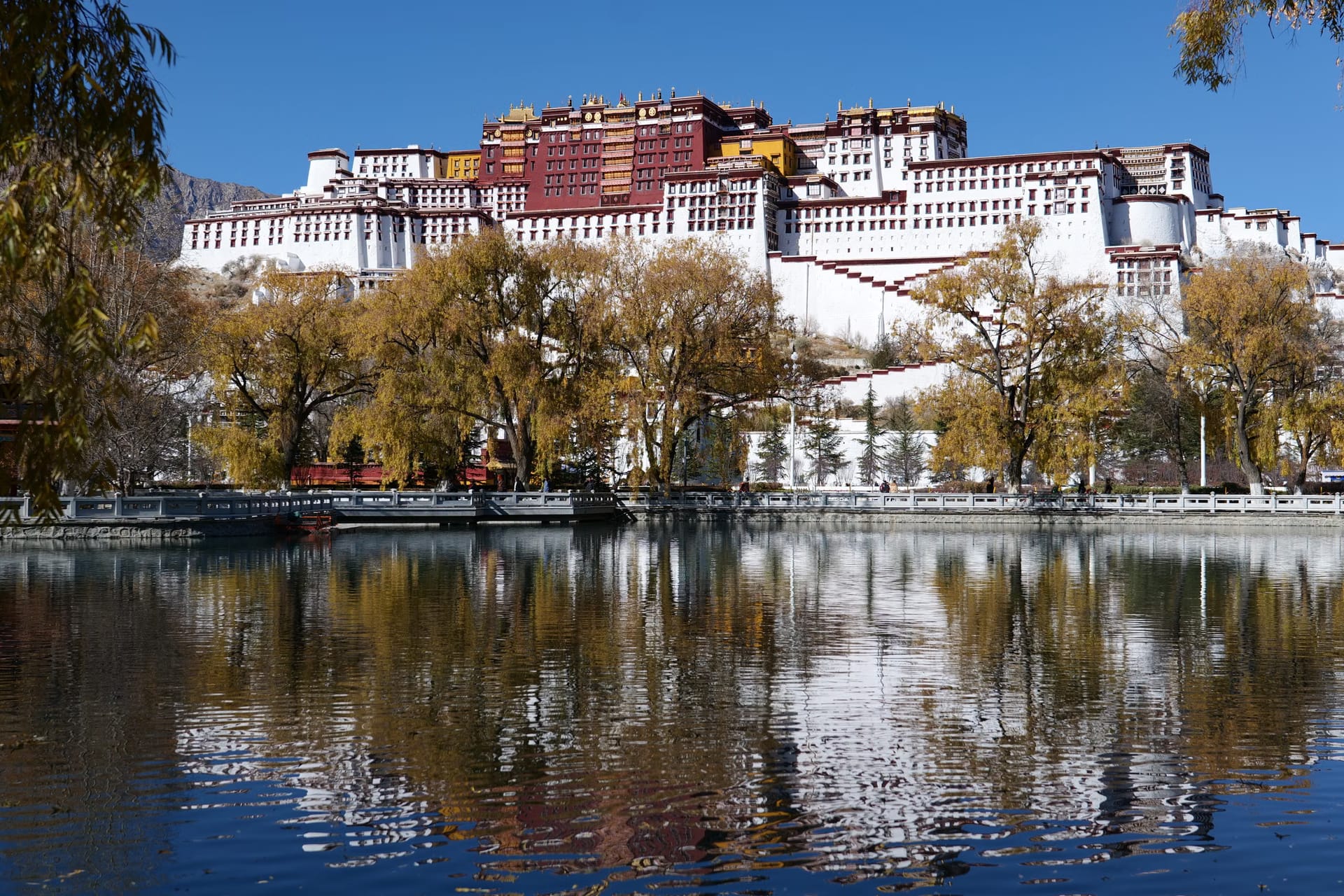 The Potala Palace doubled in still water below its hill in Lhasa